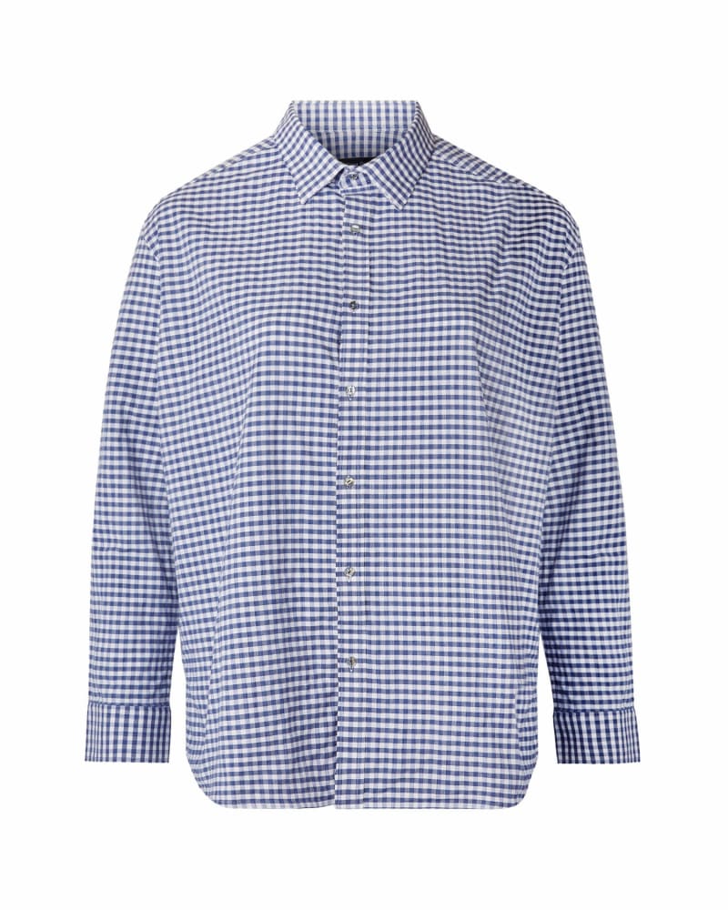 Front of a size 3XL Navy & White Cotton Upcycled Shirt in BLUE by A Shirt Story. | dia_product_style_image_id:227168